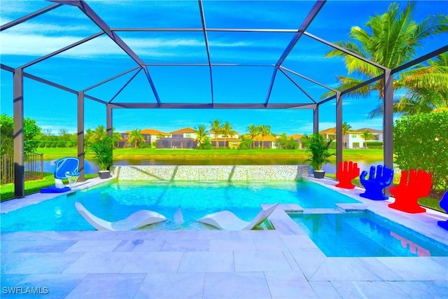 view of swimming pool featuring a yard, a patio, a water view, and glass enclosure