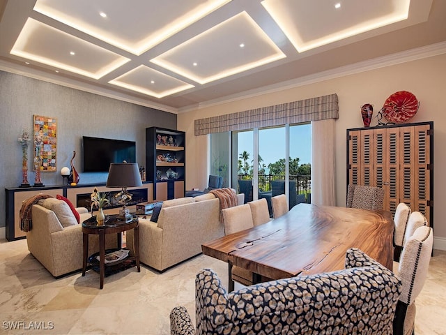 dining area featuring ornamental molding and coffered ceiling