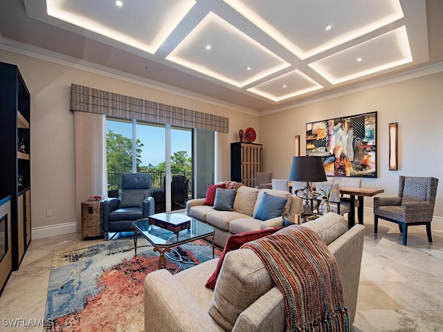 living room with beamed ceiling, ornamental molding, and coffered ceiling