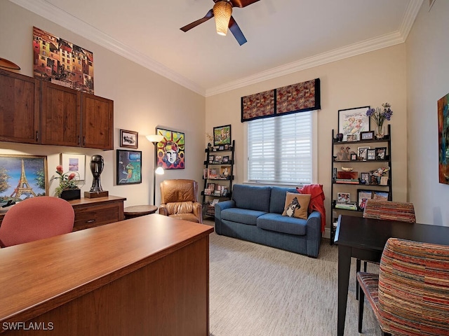 carpeted living room with ceiling fan and crown molding