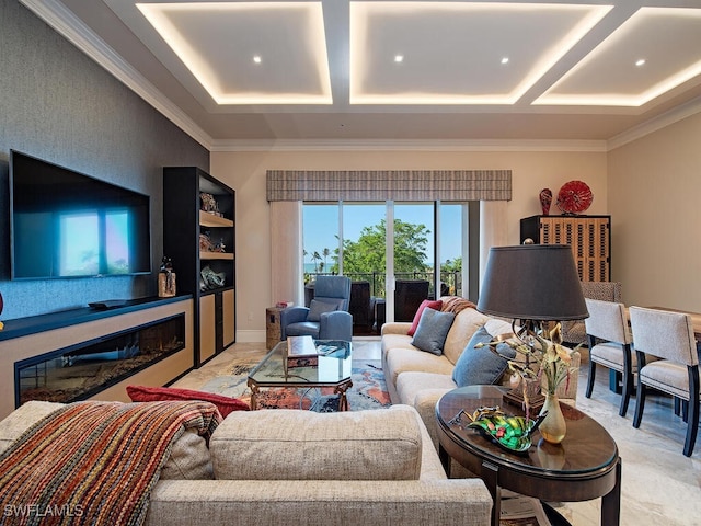 living room with coffered ceiling and ornamental molding