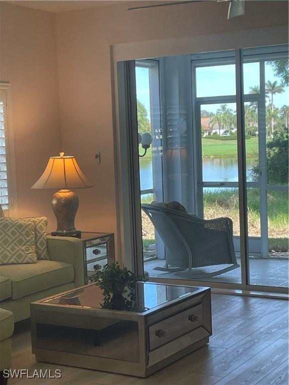 living room with hardwood / wood-style flooring, plenty of natural light, and a water view