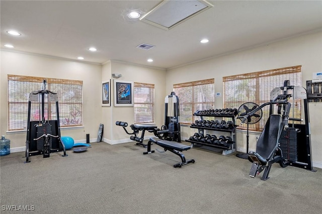 gym featuring plenty of natural light and crown molding