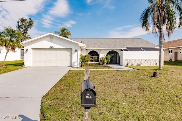 ranch-style house featuring an attached garage, a front lawn, and stucco siding