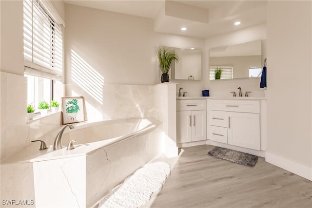 bathroom with wood finished floors, a garden tub, a sink, and double vanity