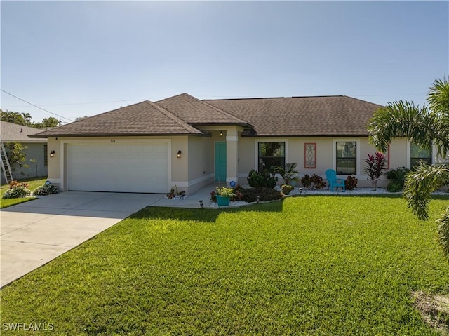 ranch-style house featuring a garage and a front yard