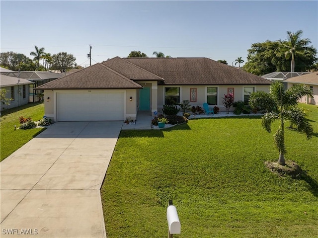 single story home featuring a front yard and a garage