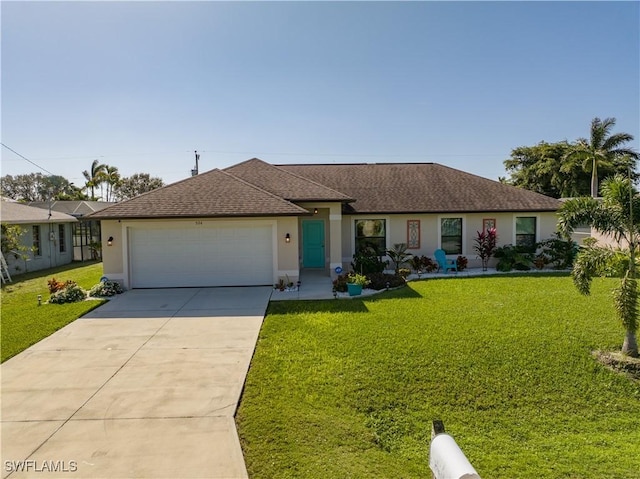 ranch-style house featuring a garage and a front lawn