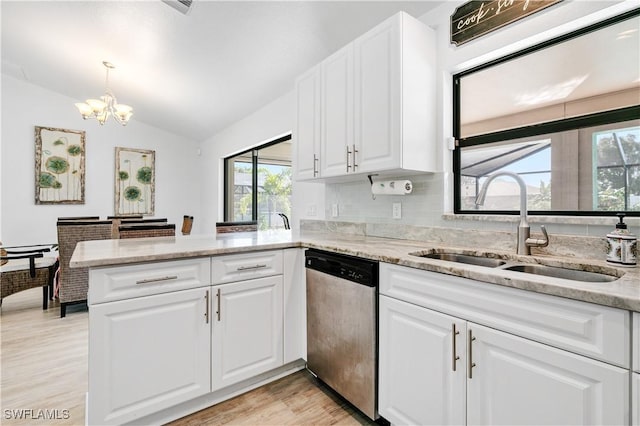 kitchen with white cabinets, dishwasher, kitchen peninsula, and sink