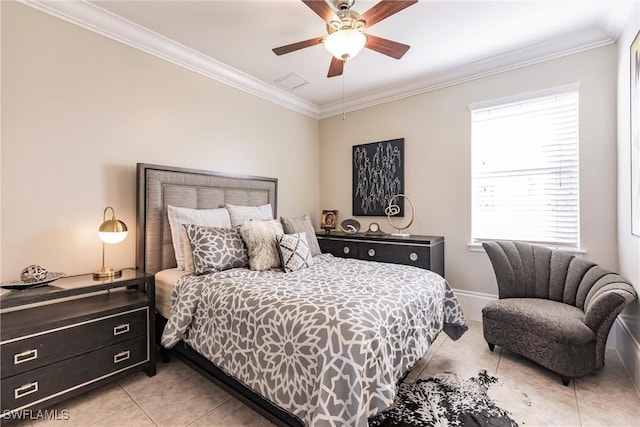 tiled bedroom with ceiling fan and crown molding