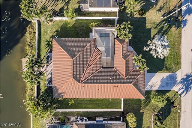 drone / aerial view featuring a water view