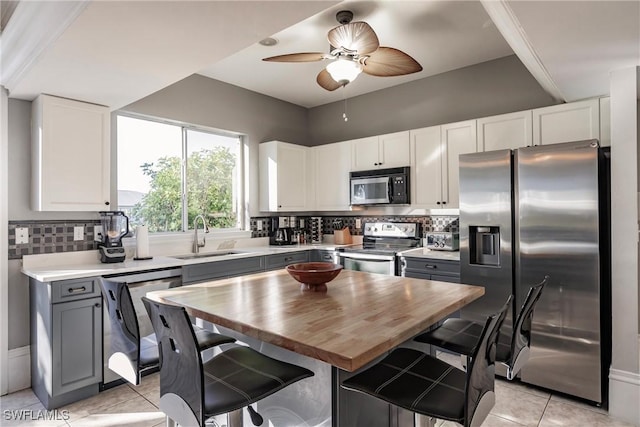 kitchen featuring white cabinets, butcher block countertops, sink, and stainless steel appliances