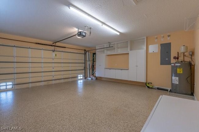 garage with electric water heater, electric panel, and a garage door opener