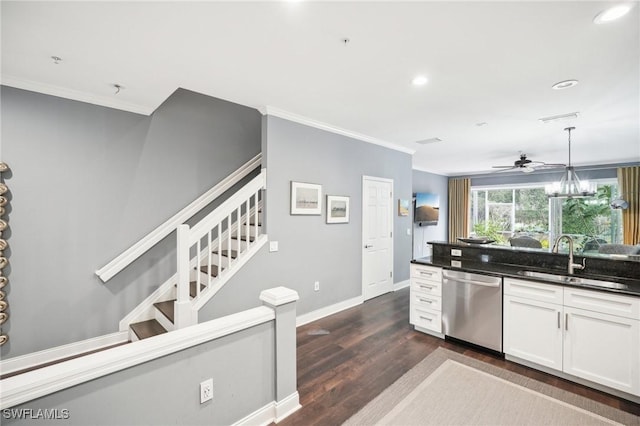 kitchen featuring ceiling fan, dark hardwood / wood-style flooring, stainless steel dishwasher, white cabinets, and sink