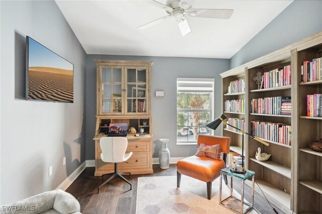 sitting room featuring hardwood / wood-style flooring, lofted ceiling, and ceiling fan