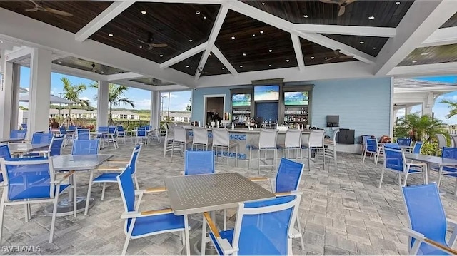 view of patio / terrace featuring a gazebo and ceiling fan