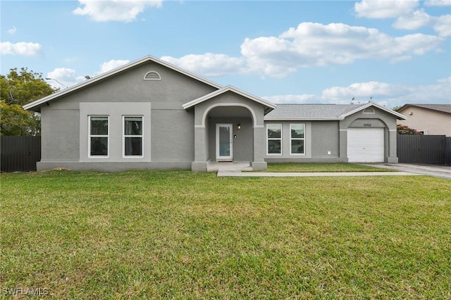 ranch-style home with a front lawn and a garage