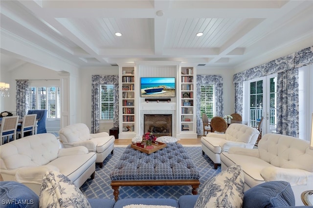 living room featuring ornamental molding, coffered ceiling, and beamed ceiling