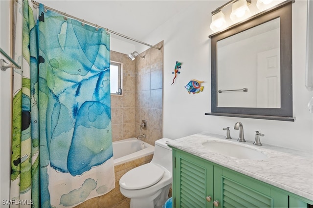 full bathroom featuring vanity, shower / bath combination with curtain, and toilet