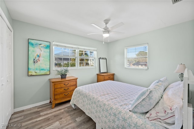 bedroom featuring multiple windows, a closet, and ceiling fan