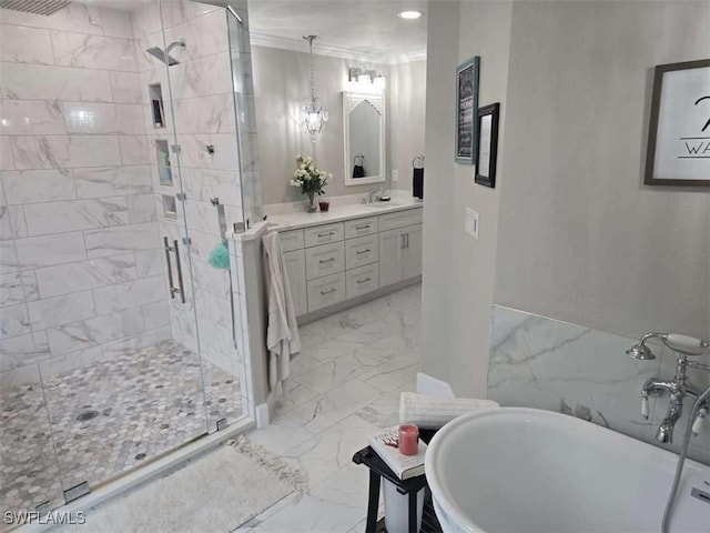 bathroom featuring vanity, ornamental molding, tile walls, and separate shower and tub