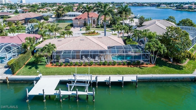 aerial view featuring a water view