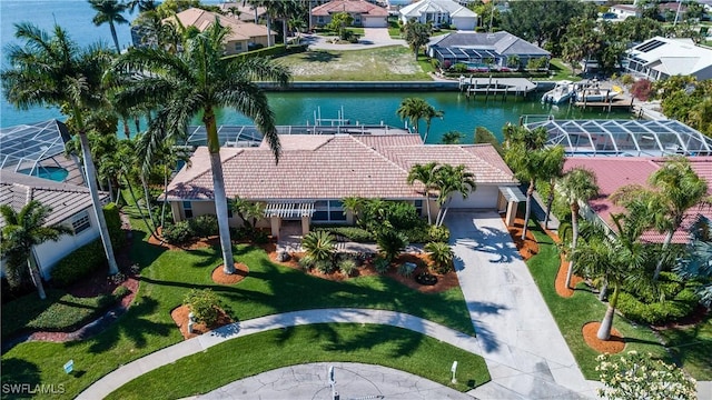 bird's eye view with a water view