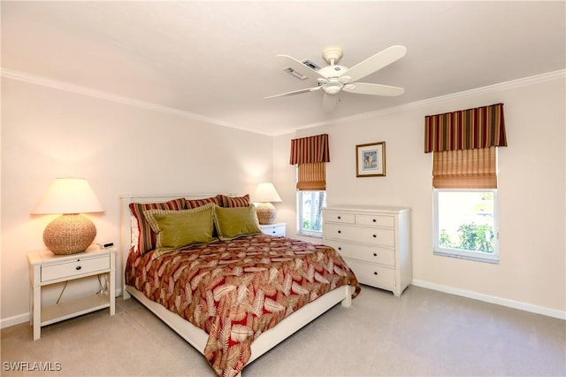 bedroom with ceiling fan, light colored carpet, crown molding, and multiple windows