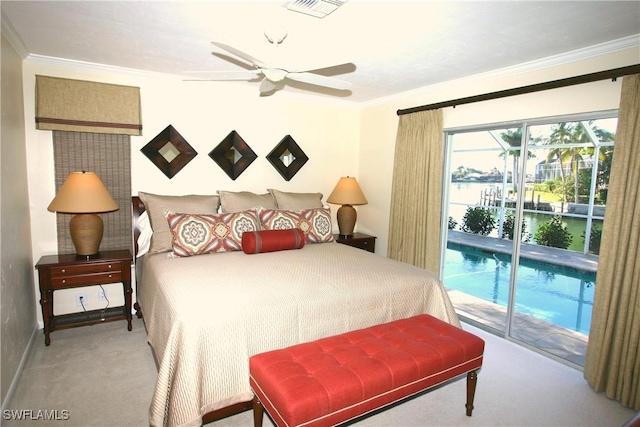 bedroom featuring ceiling fan, access to exterior, crown molding, and light carpet