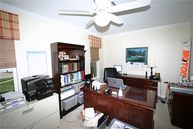 office with ceiling fan and ornamental molding