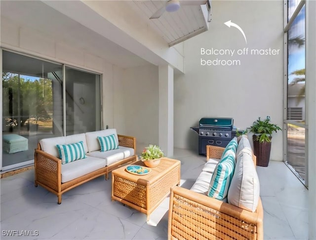 view of patio / terrace with ceiling fan, outdoor lounge area, and area for grilling