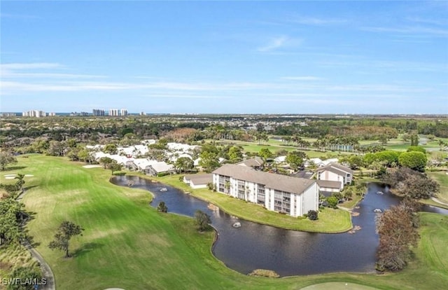 birds eye view of property featuring a water view and golf course view