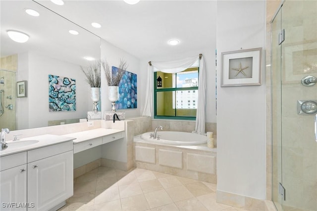 full bathroom with a garden tub, recessed lighting, a stall shower, tile patterned floors, and vanity