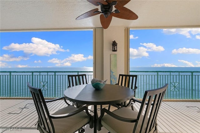 balcony featuring a ceiling fan and a water view