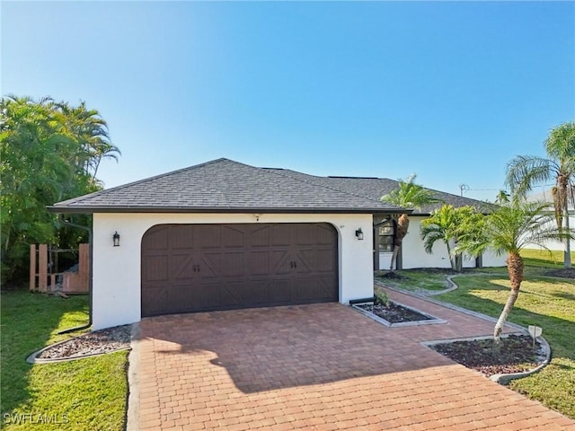 ranch-style house with a garage and a front yard