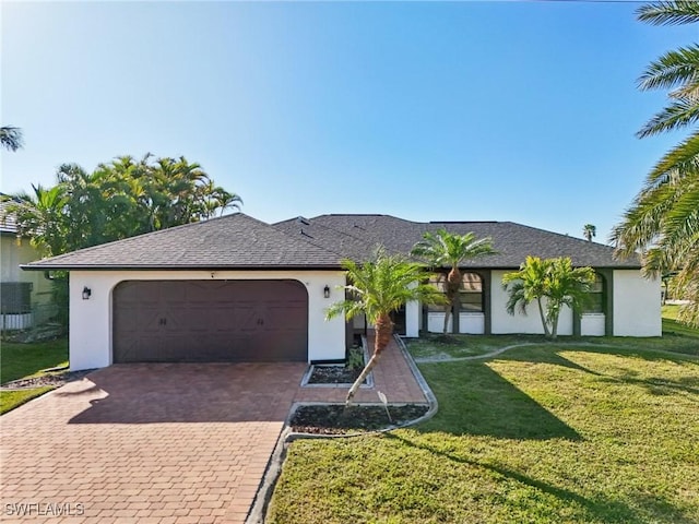 ranch-style house with a front yard and a garage