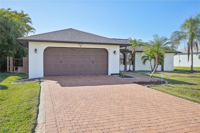 view of front of home with a garage, a shingled roof, decorative driveway, stucco siding, and a front yard