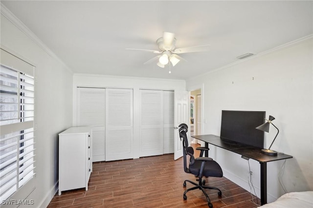 office with ornamental molding and ceiling fan