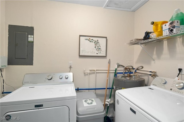 laundry room featuring electric panel, separate washer and dryer, and electric water heater