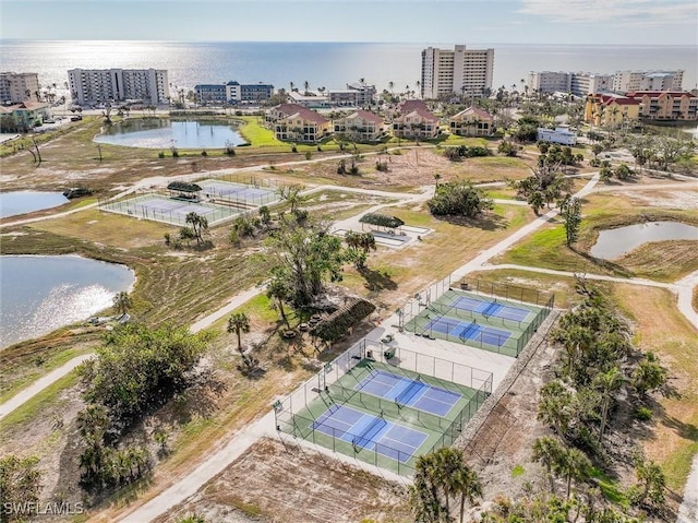 bird's eye view with a water view