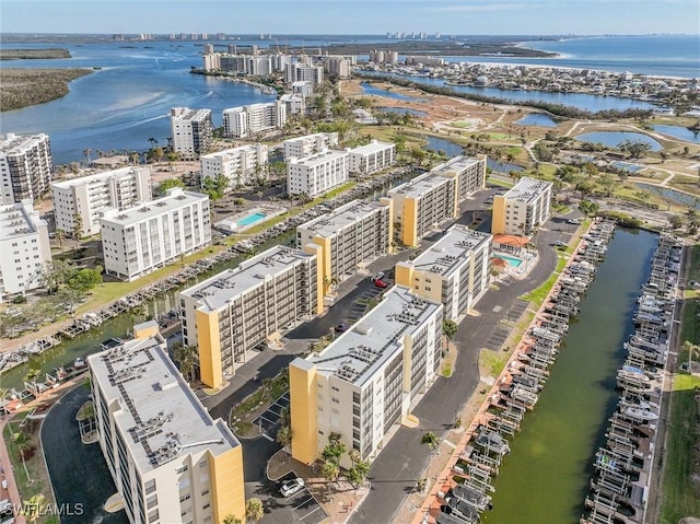 drone / aerial view featuring a water view