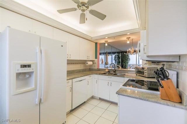 kitchen with white cabinetry, sink, light tile patterned flooring, and white appliances