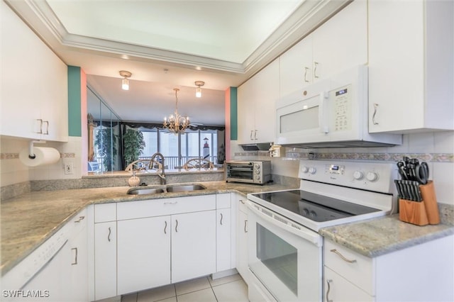 kitchen featuring white cabinetry, white appliances, sink, and an inviting chandelier