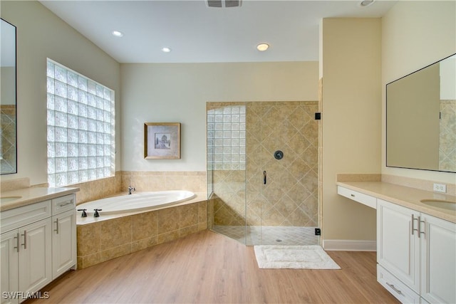 bathroom featuring plenty of natural light, vanity, and wood-type flooring