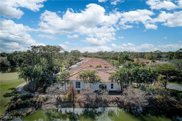 drone / aerial view featuring a water view