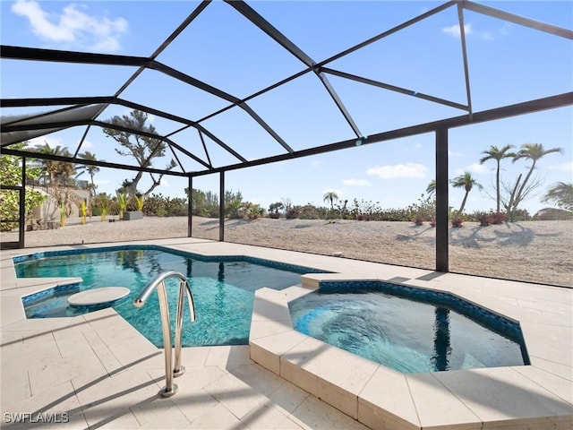 view of pool featuring a lanai, an in ground hot tub, and a patio