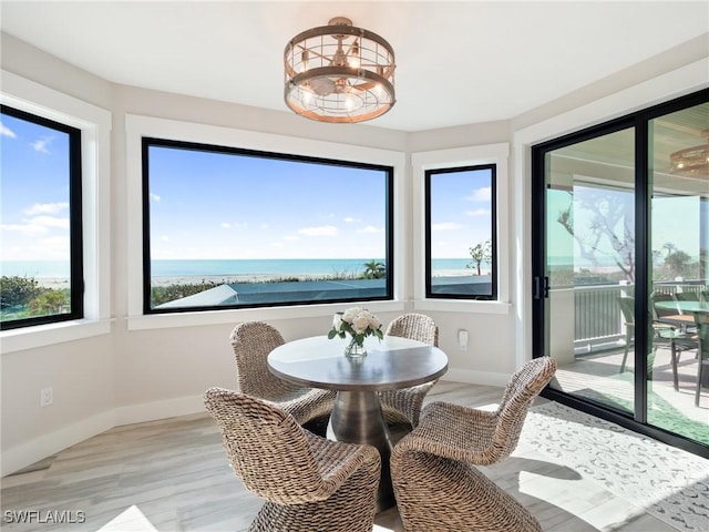 dining area with a water view