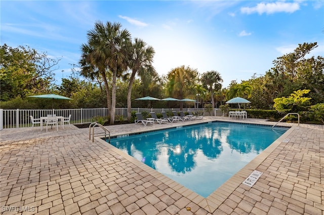 view of pool featuring a patio area and fence