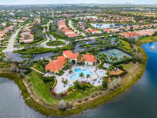 drone / aerial view featuring a water view