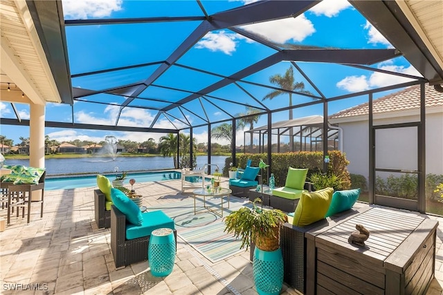 view of patio / terrace with pool water feature, glass enclosure, a water view, and an outdoor living space